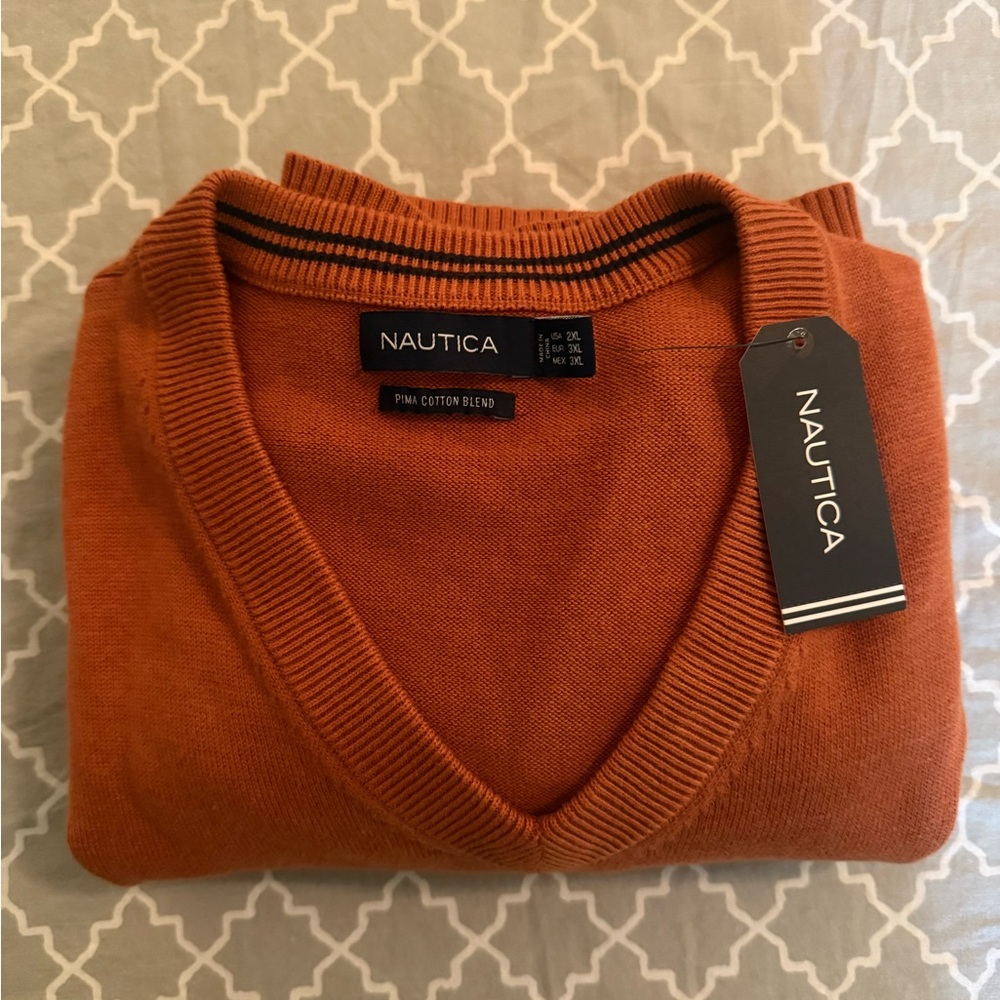 Nautica Men's V-Neck Sweater in Rich Orange
